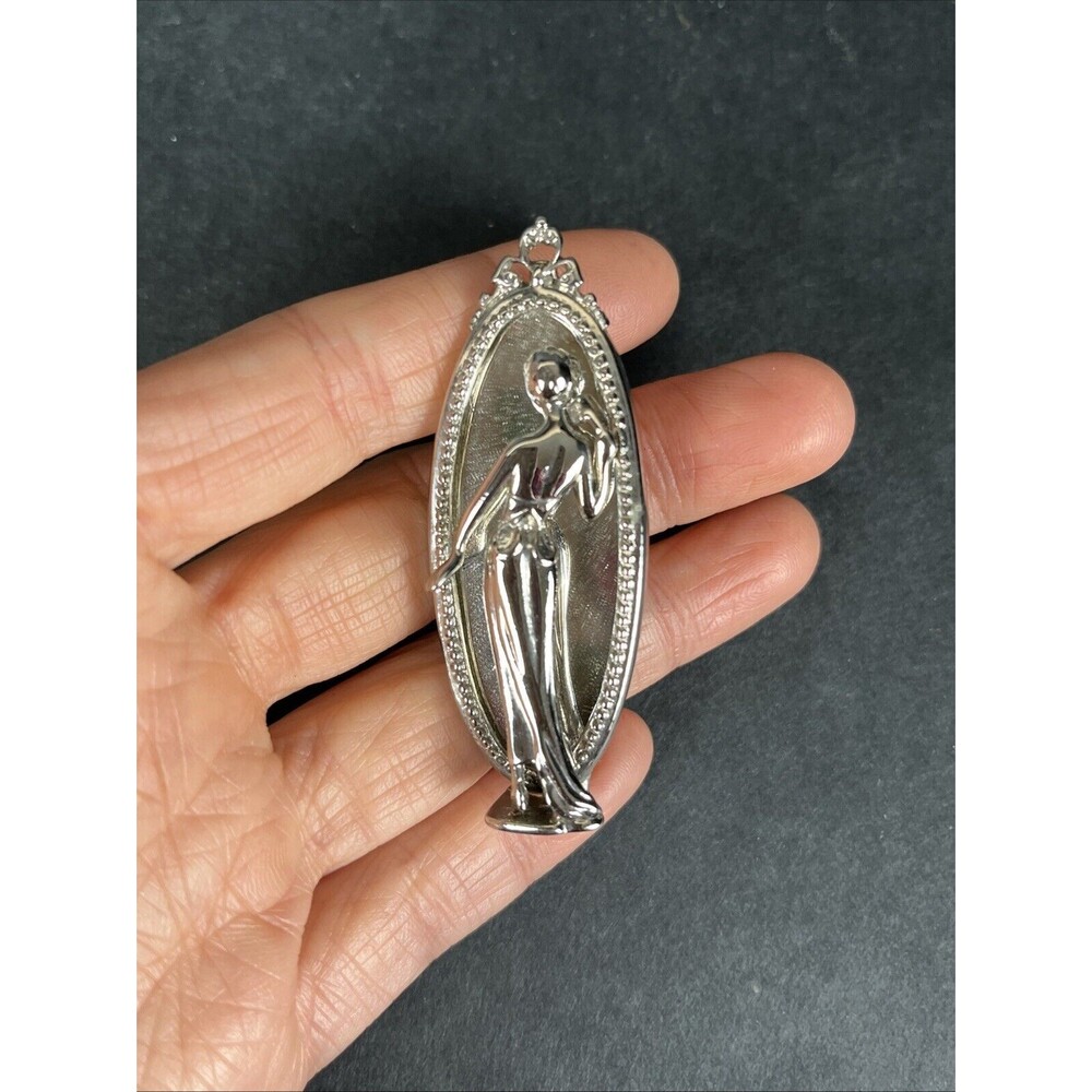 VTG Signed LR MAR01 Silver Oval Glamour‎ Lady Looking In Mirror Brooch Pin 2.25